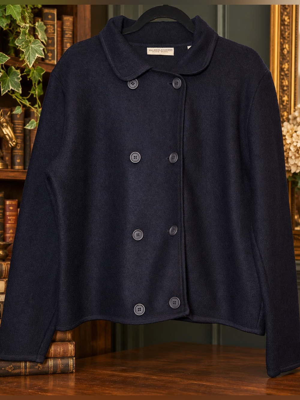 Valerie Stevens Pure Wool Navy Double Breasted Jacket L Old Money 90s